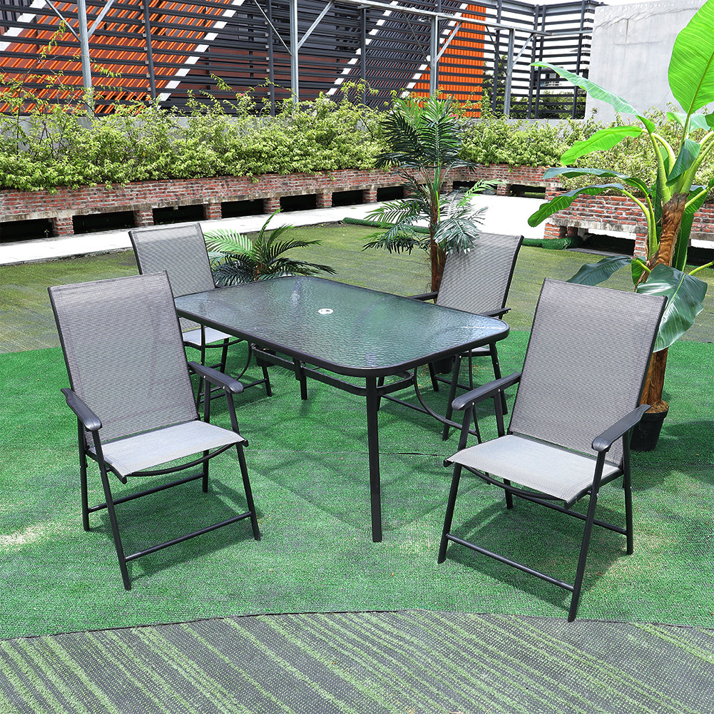 5 Pieces Garden Dining Set Outdoor Tempered Glass Coffee Table With Foldable Chairs