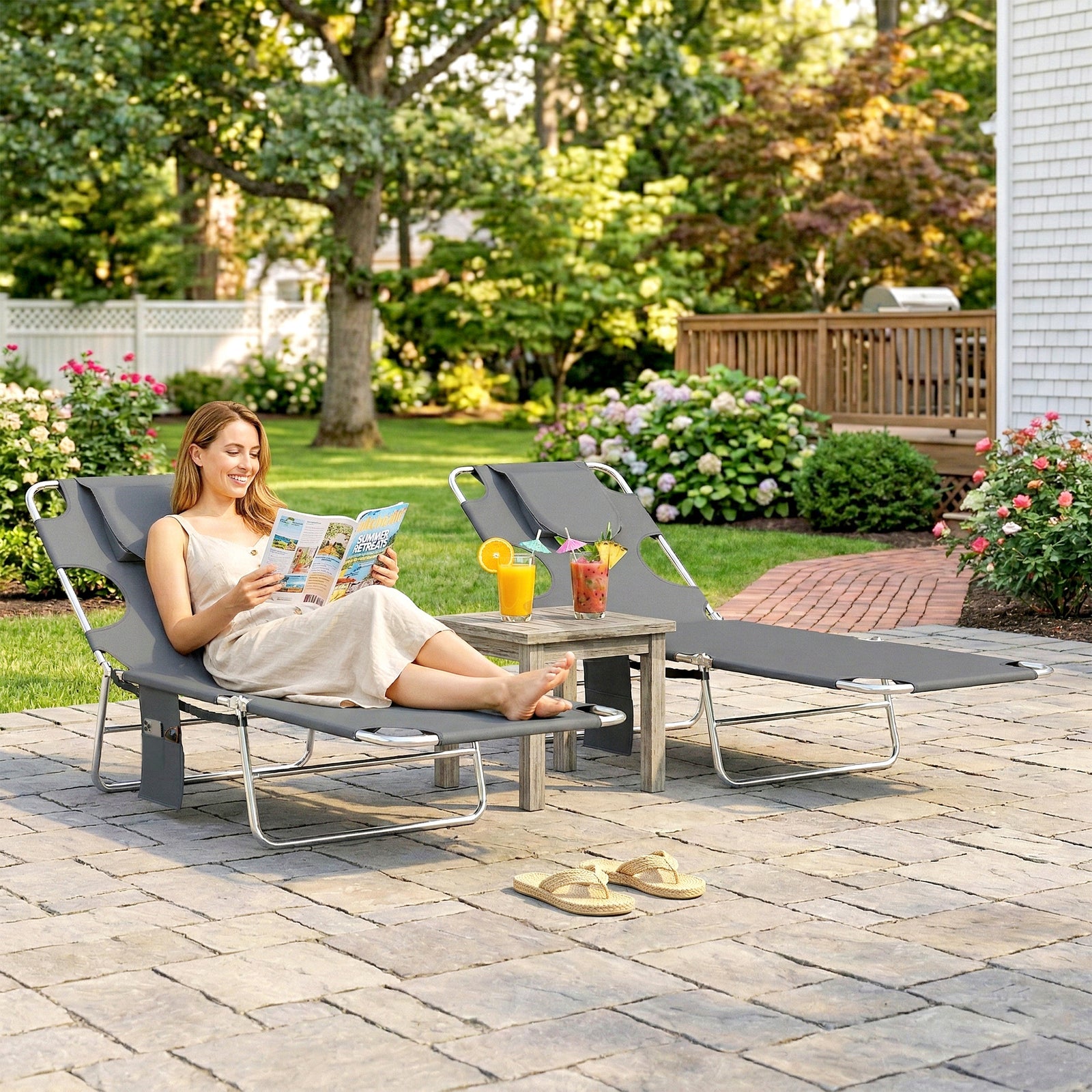2 Sun Loungers With Reading Hole, Folding Garden Lounger | Dark Grey