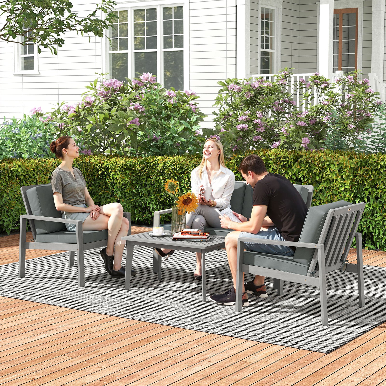 4 Pieces Wooden Garden Furniture Set With Cushions | Light Grey