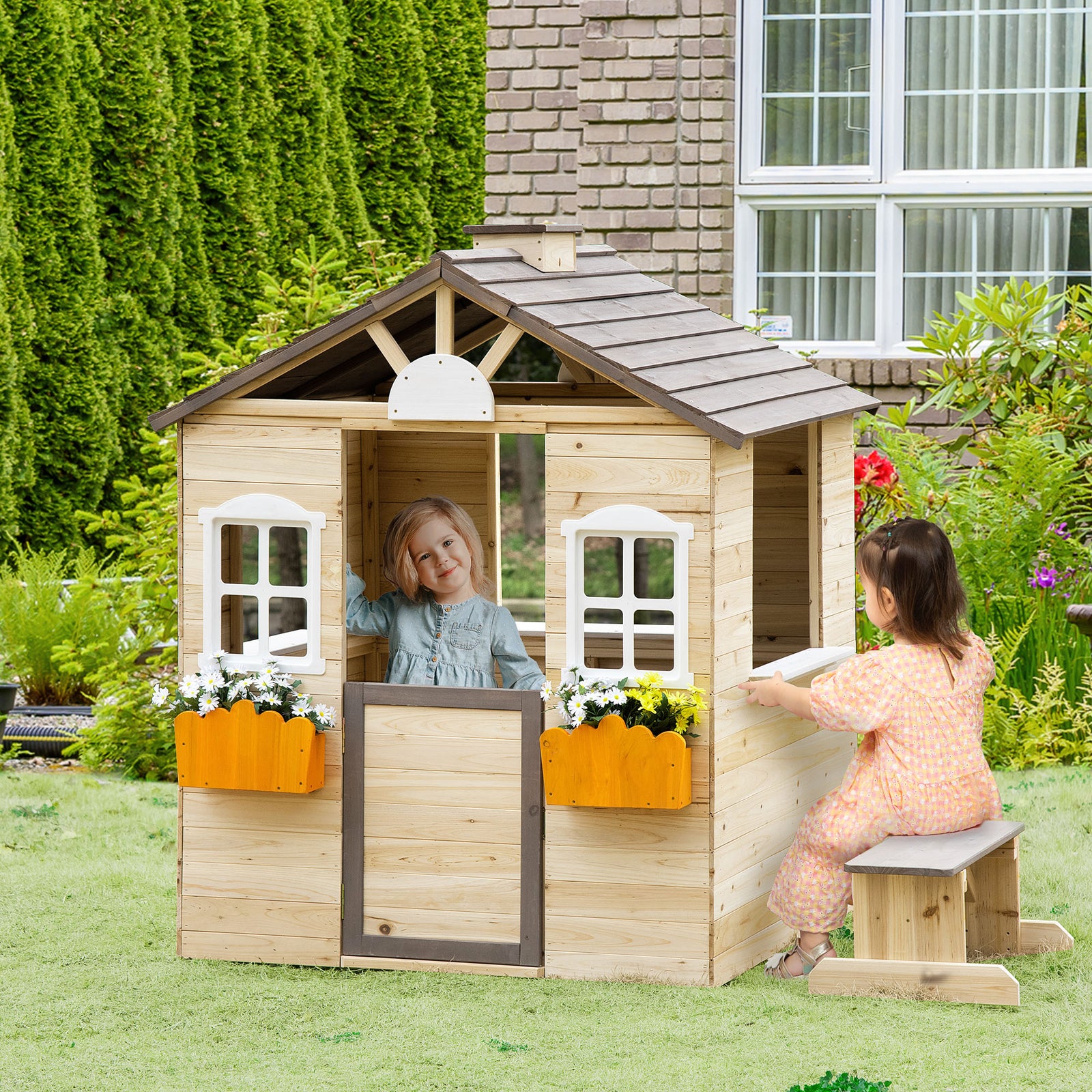 Wooden Kids Playhouse W/ Door, Windows, Bench, For Ages 3-7 Years | Beige