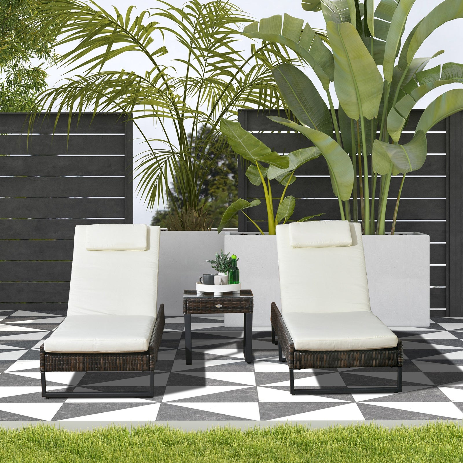 3pc Rattan Sun Lounger Set W/ Cushions | Brown