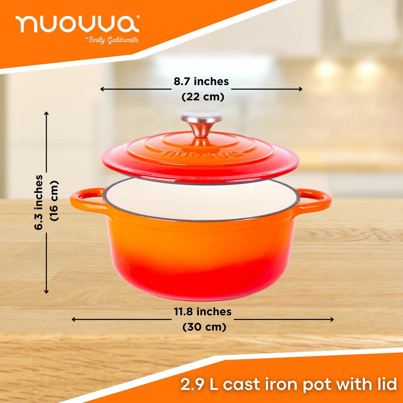 Cast Iron Dutch Oven Casserole Pot With Lid - 22cm (2.9l) | Orange