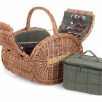 Oval 4 Person Green Tweed Picnic Wicker Basket