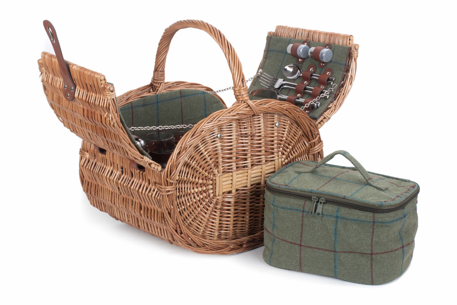 Oval 4 Person Green Tweed Picnic Wicker Basket