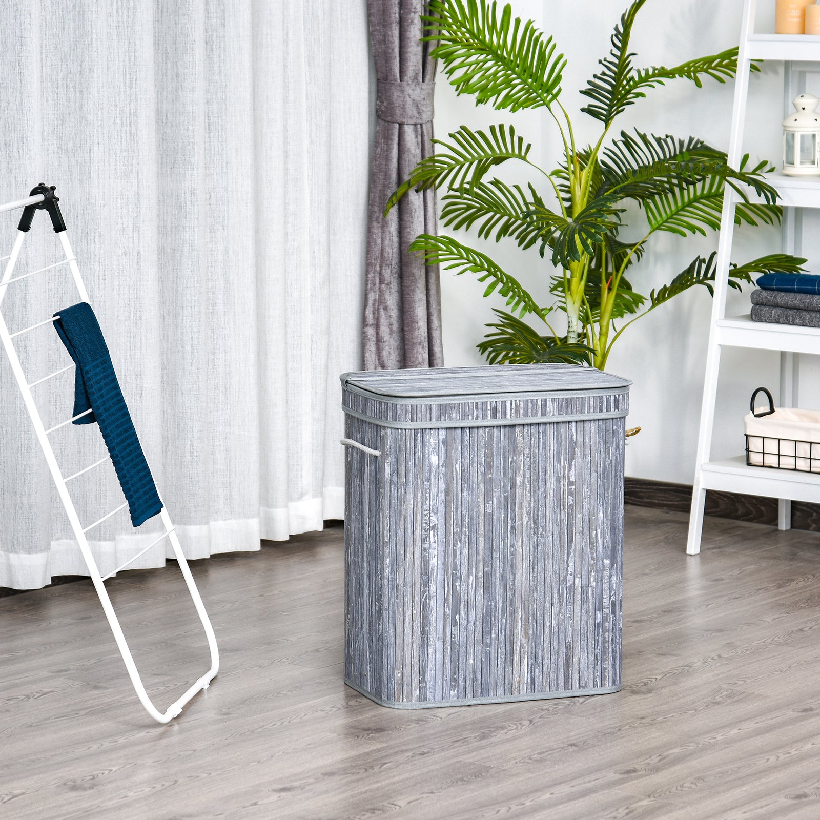 100l Wood Laundry Basket W/ Split Compartment Lid Removable