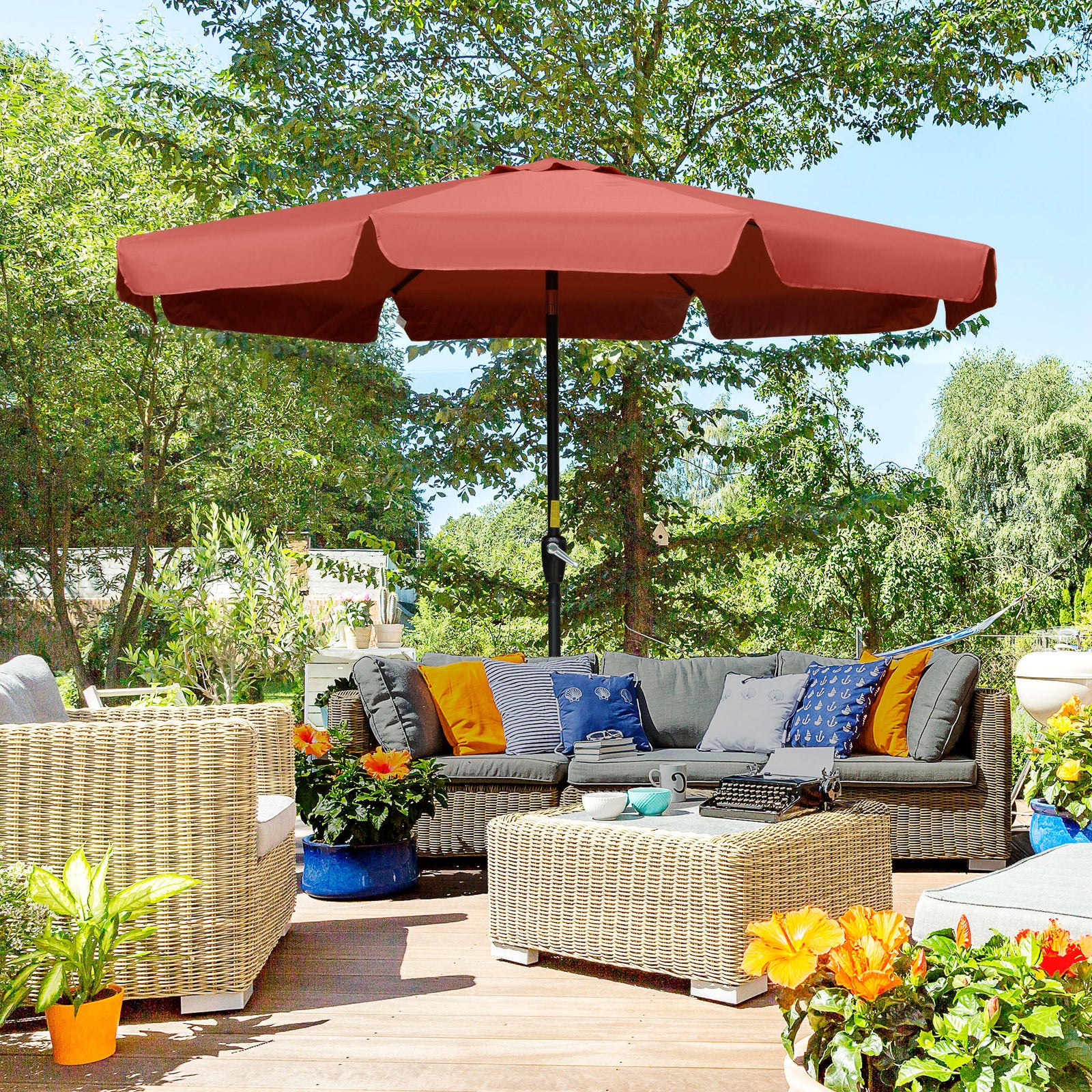 2.7m Patio Umbrella With Crank Garden Parasol | Red