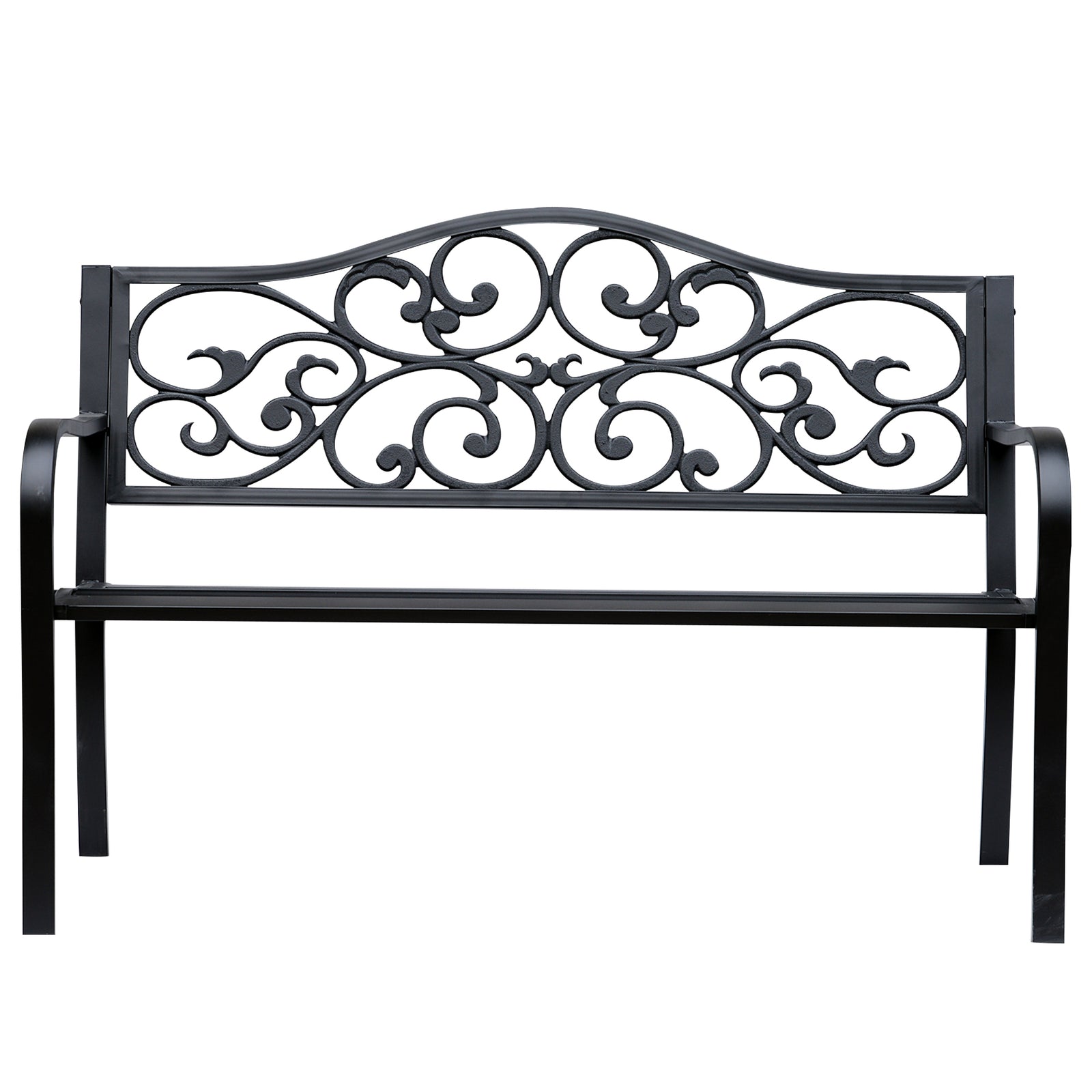 Outsunny Metal Garden Bench, Outdoor Bench With Floral Back, Black