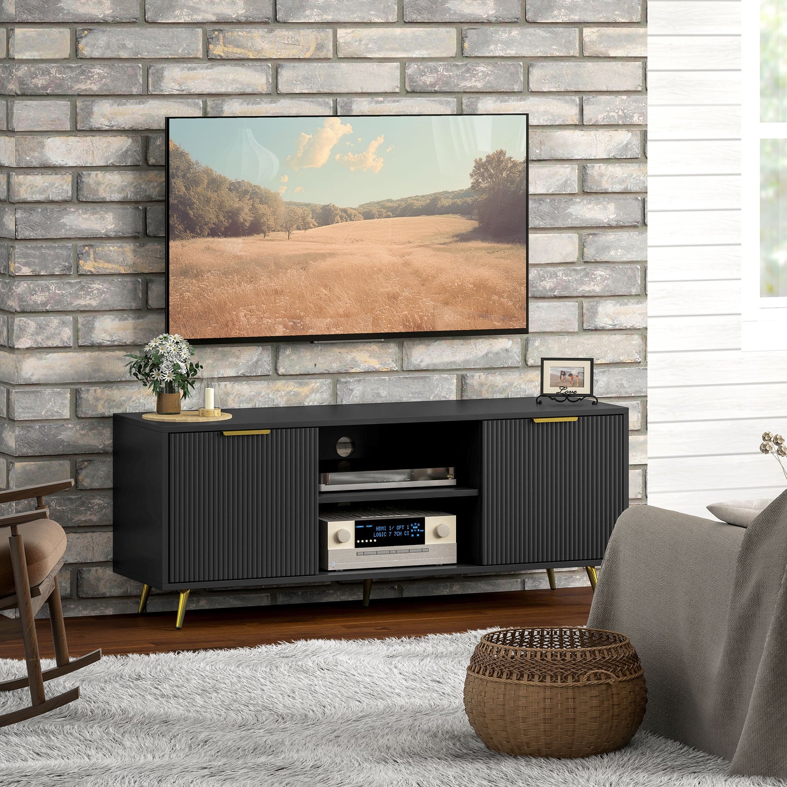 HOMCOM Modern Tv Stand Cabinet With Storage For Living Room, Black