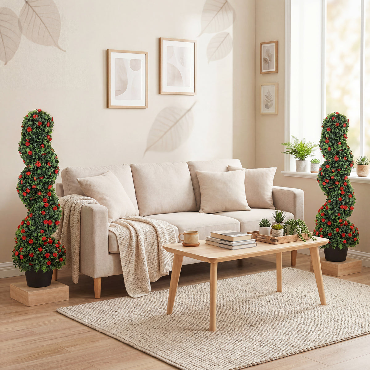 HOMCOM Artificial Rose Spiral Topiary Tree For Indoor Outdoor, Set Of 2