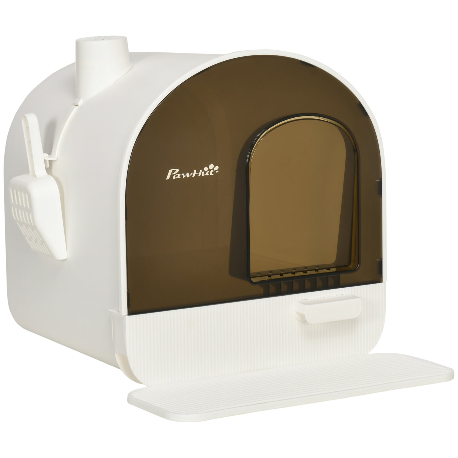 Cat Litter Box W/ Hood, Scoop, Filter, Flap Door | White