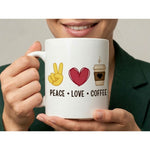 Dyzi Peace Love Coffee Quote Ceramic Coffee Mug White