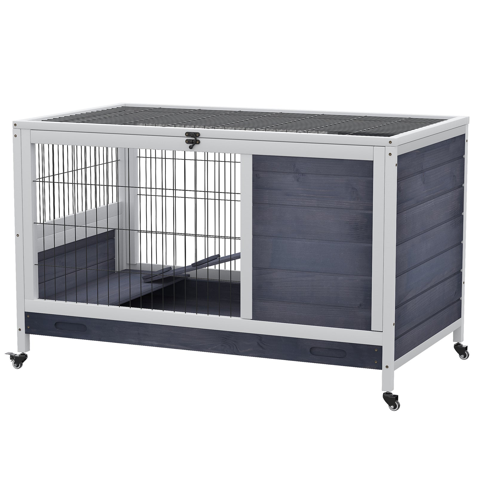 Wood Indoor Rabbit Hutch Elevated 2-floor Guineas Pigs Cage W/ Wheels | Gray