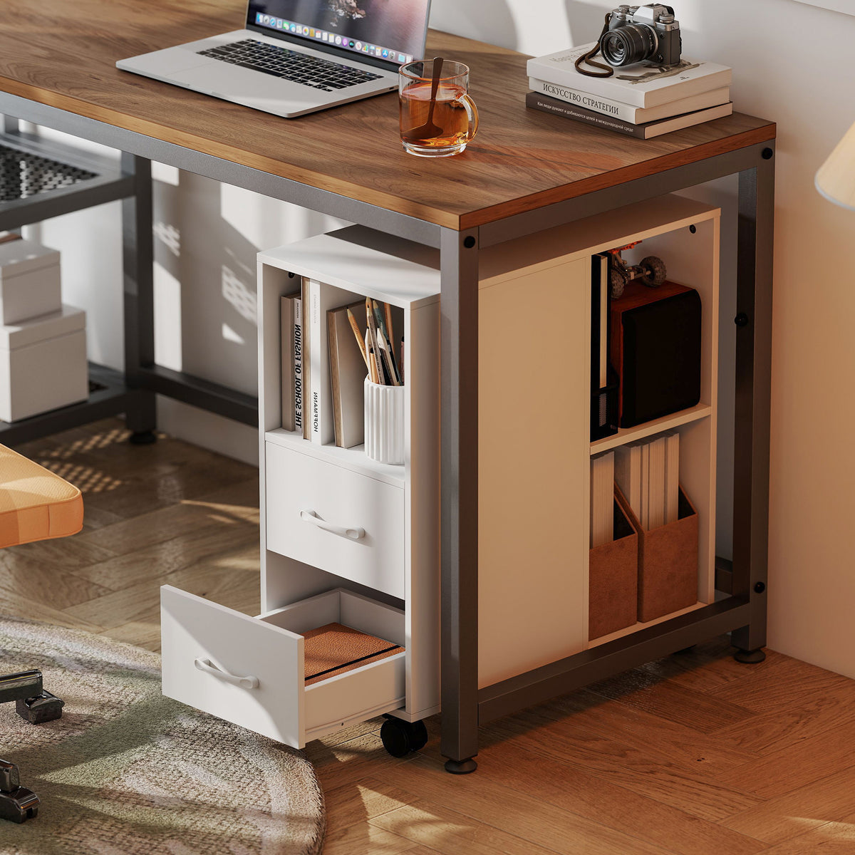 HOMCOM Mobile Printer Table With Drawers On Wheels For Home Office, White