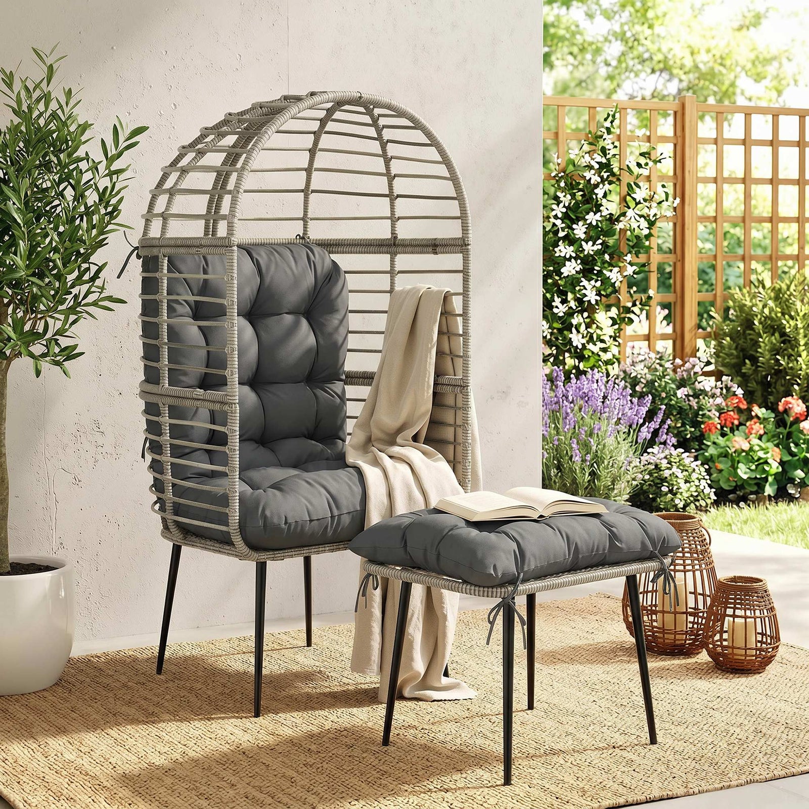 Standing Egg Chair Lounge Chair With Footstool, Cushion | Light Grey