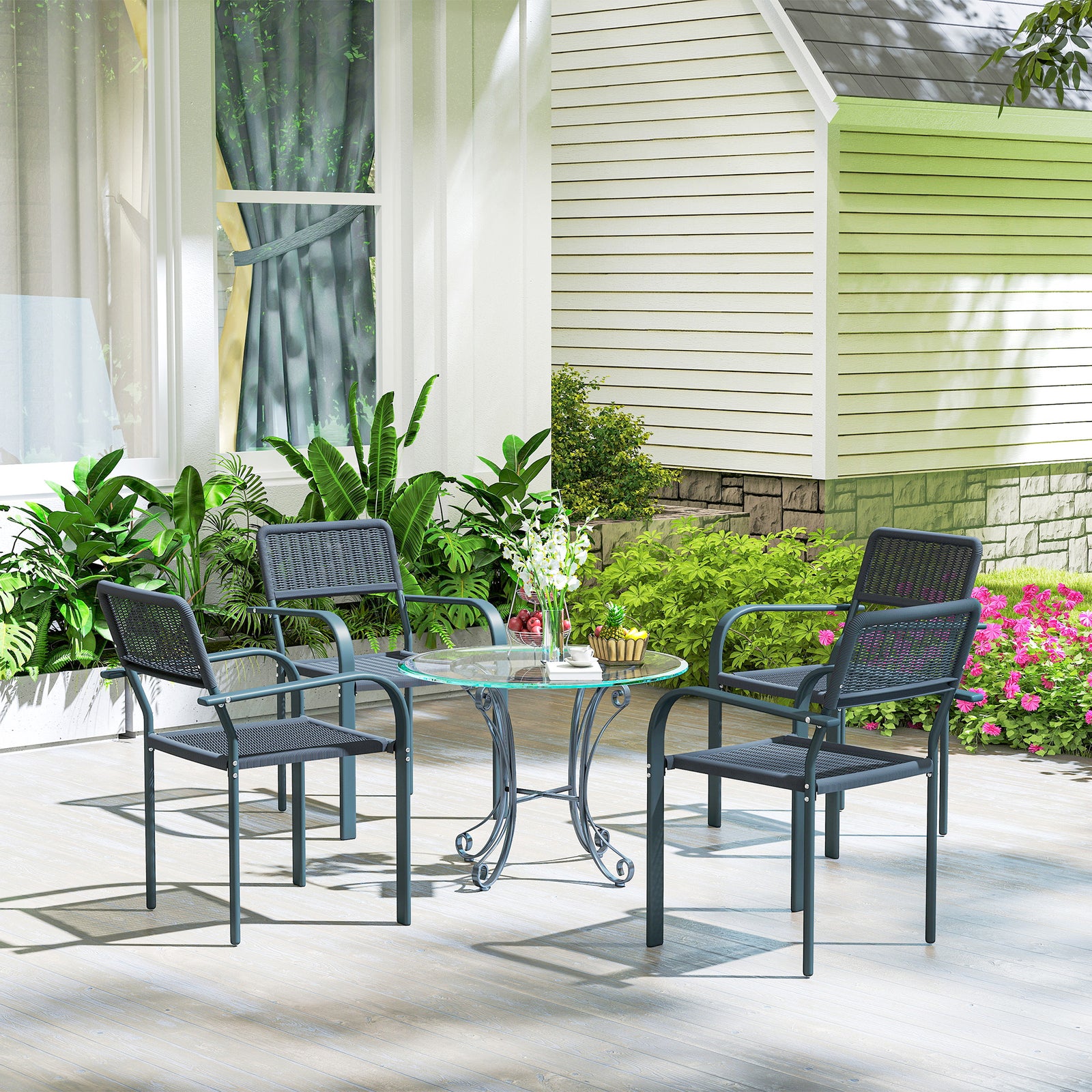 Garden Chairs Set, Stackable & Rattan Effect | Dark Grey