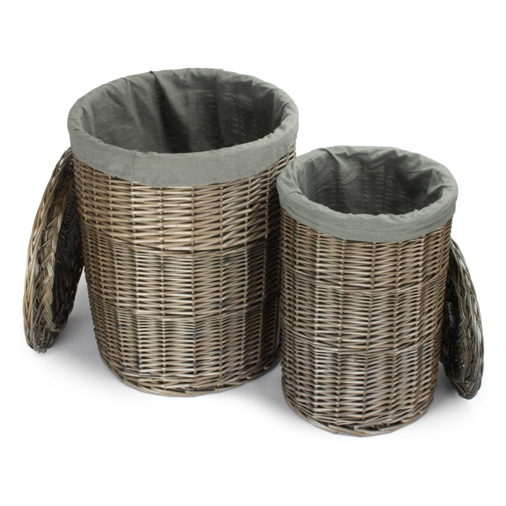 Antique Wash Round Linen Basket With Grey Sage Lining | Large