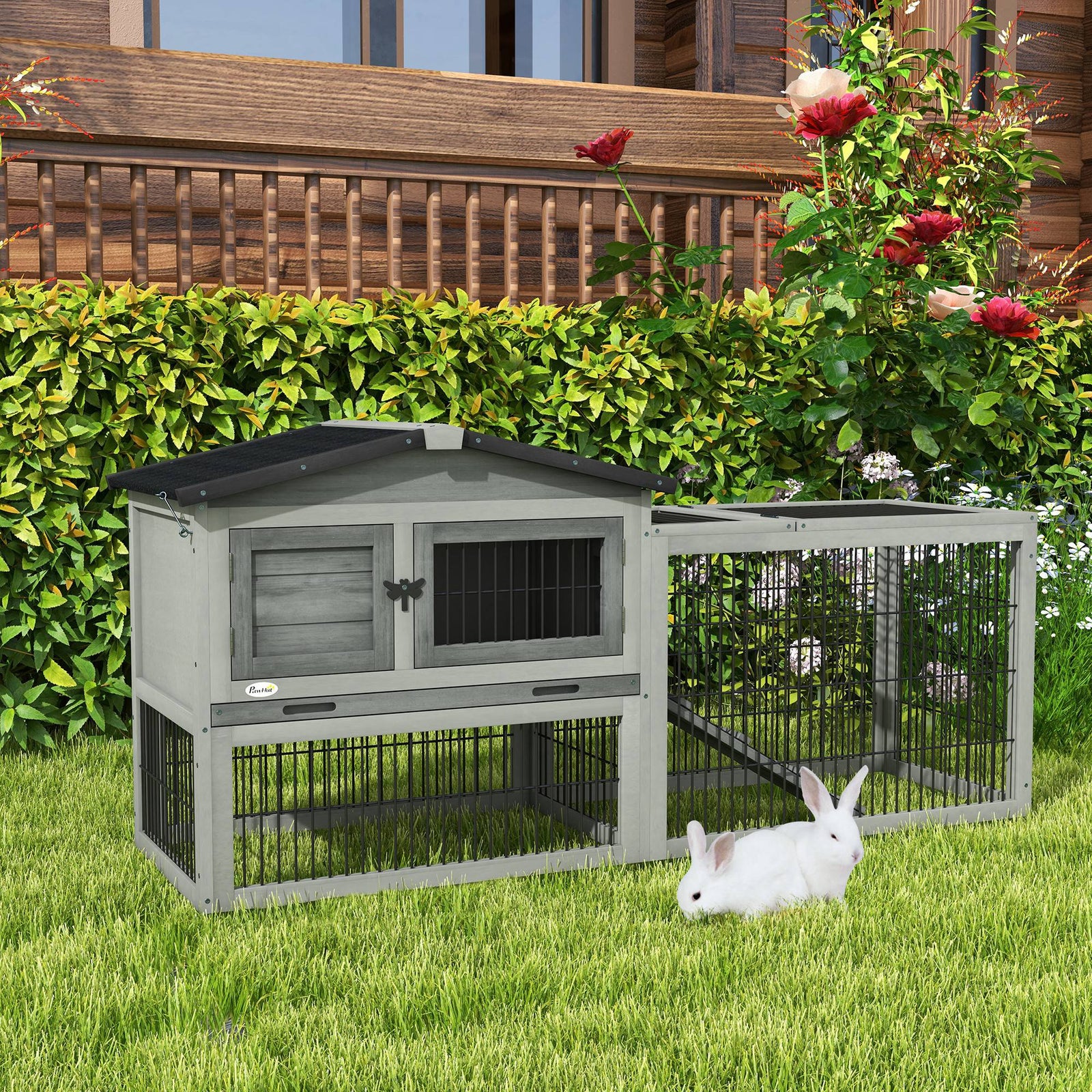 Wooden Rabbit Hutch With Run, Asphalt Roof, Pull-out Tray, Ramp | Gray