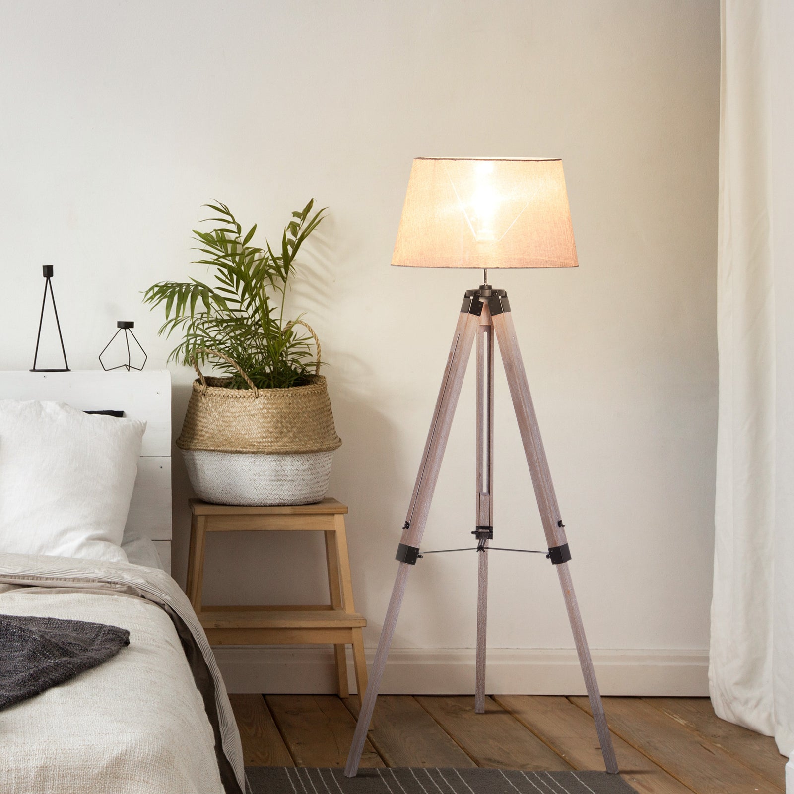 Tripod Floor Lamp Freestanding Bedside Light Fabric Shade