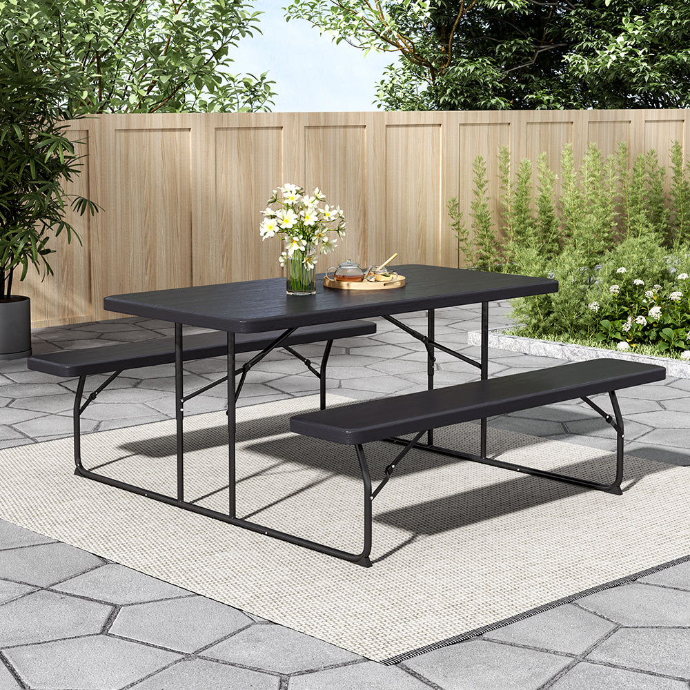Foldable Picnic Table And Bench Set With Parasol Hole | One Size | Black