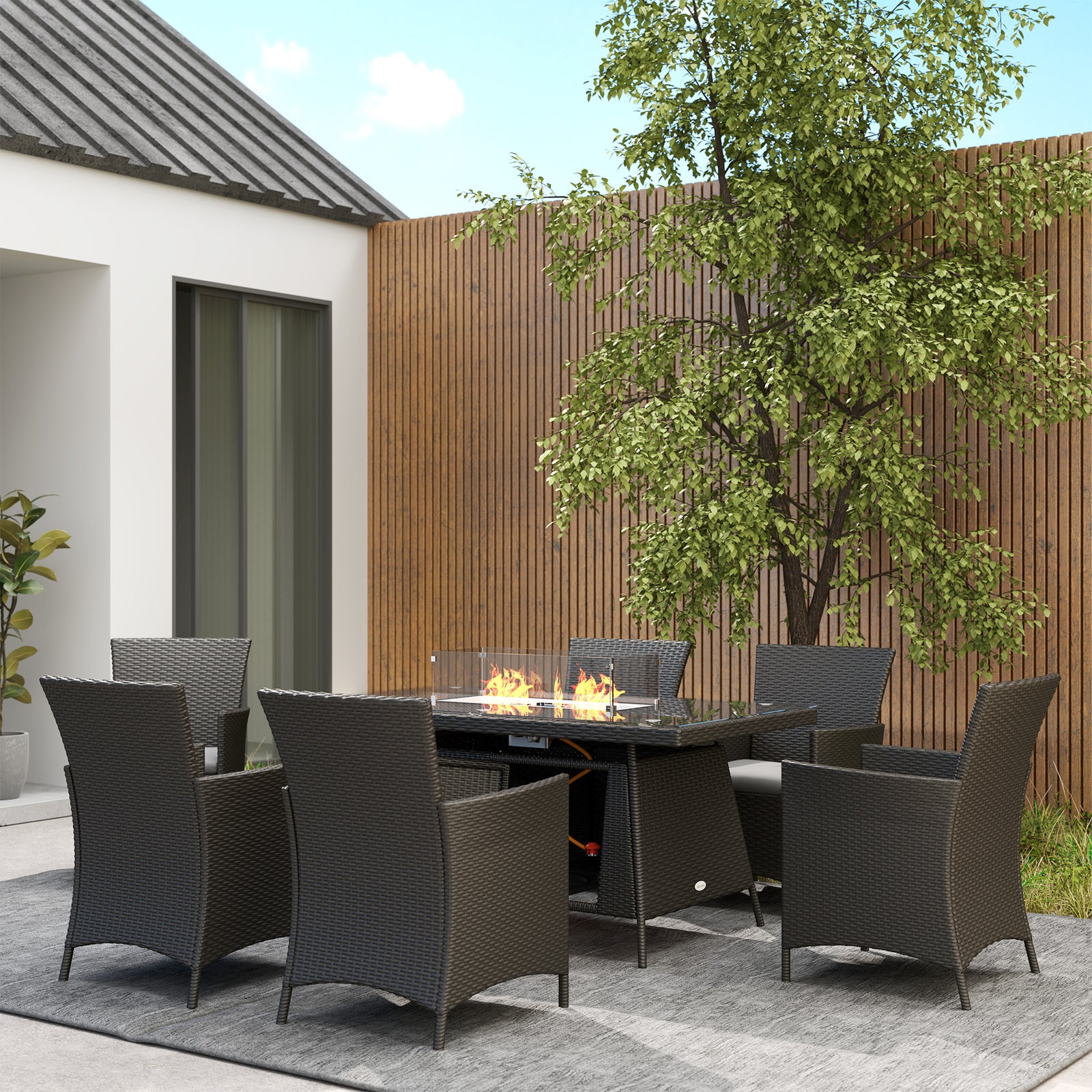 Rattan Dining Set With Fire Pit Table And Armchairs, Black