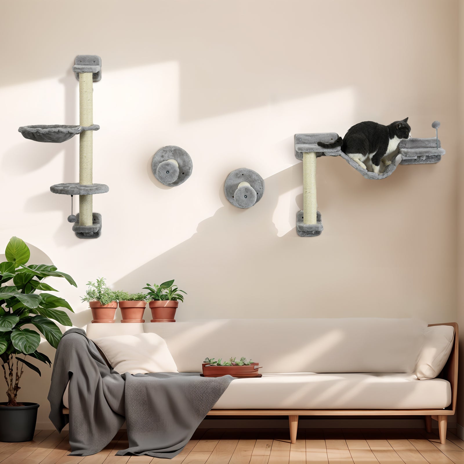 Cat Wall Furniture With Hammock, Perches, Ladder, Scratching Post, Grey