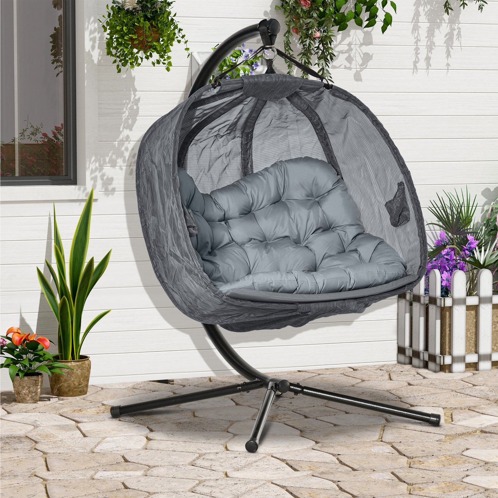 2 Seaters Textlin Swing Hammock W/ Cushion & Fold Design | Grey
