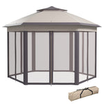 4x4m Hexagon Gazebo With Metal Frame Mesh Curtains Garden | Beige