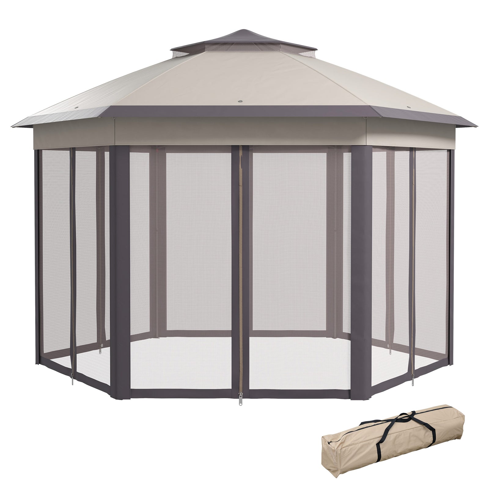 4x4m Hexagon Gazebo With Metal Frame Mesh Curtains Garden | Beige