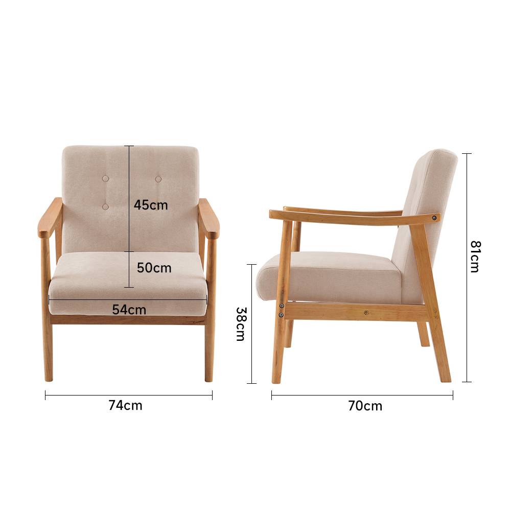 Modern Beige Fabric Armchair with Wooden Frame and Padded Cushion