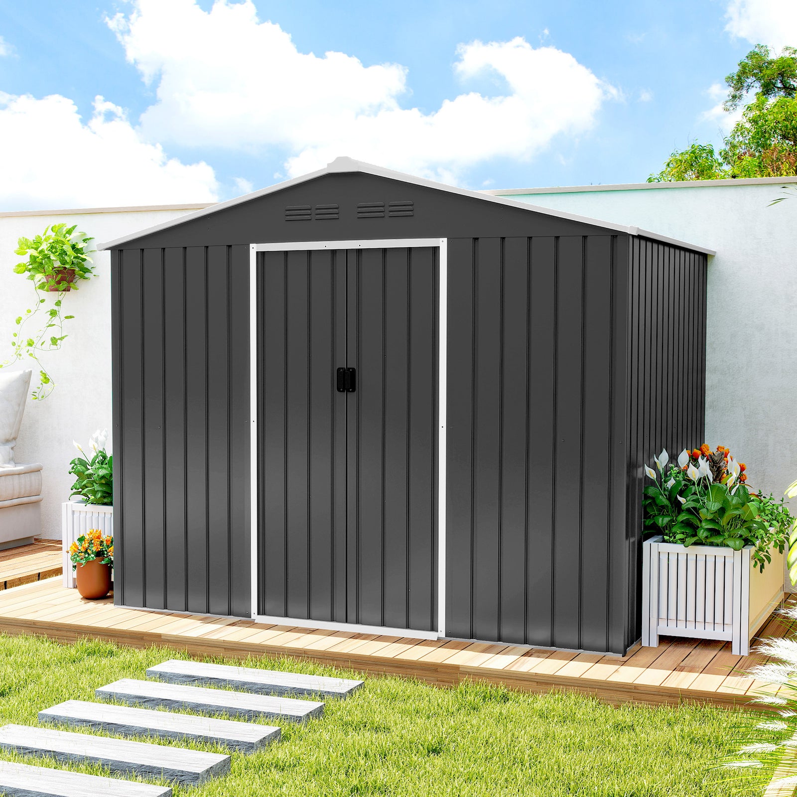 8 X 6ft Garden Storage Shed With Double Door | Dark Grey