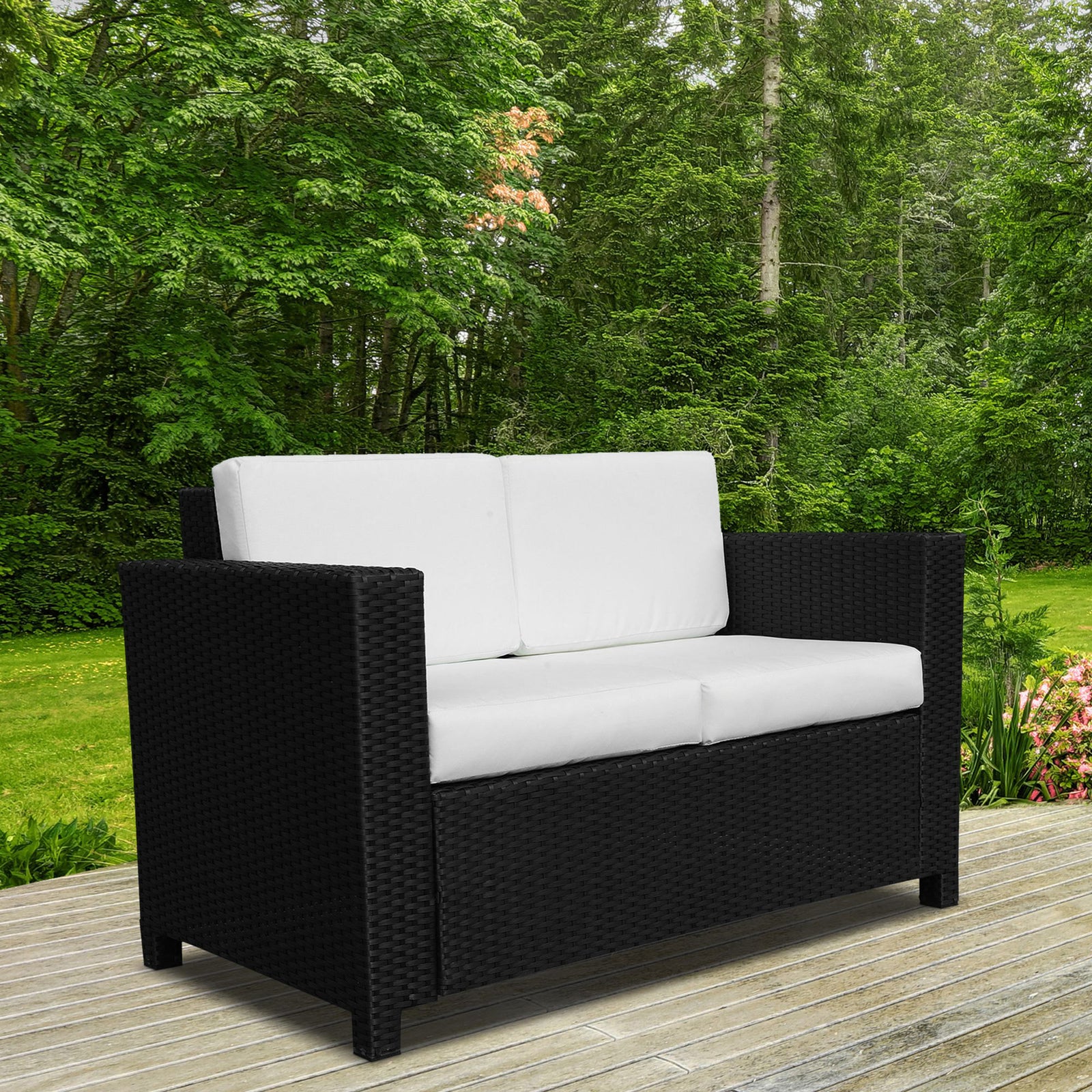 Rattan Wicker 2-seat Sofa Loveseat Padded Garden Furniture | Black