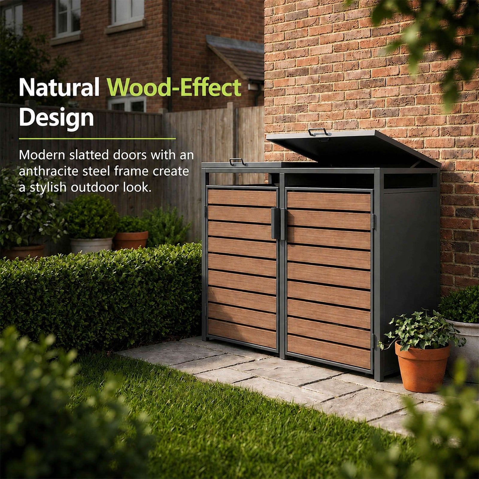 Outdoor Metal Bin Storage Double Wheelie Bin Storage Shed - Wood Slat Doors