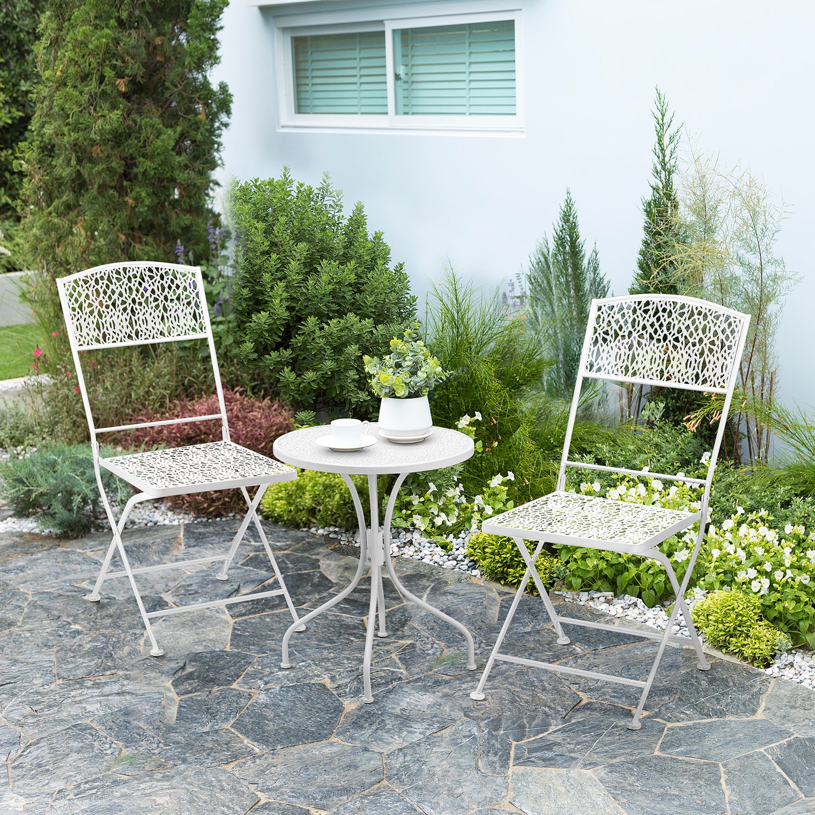 Garden Bistro Set For 2 With Folding Chairs And Round Table