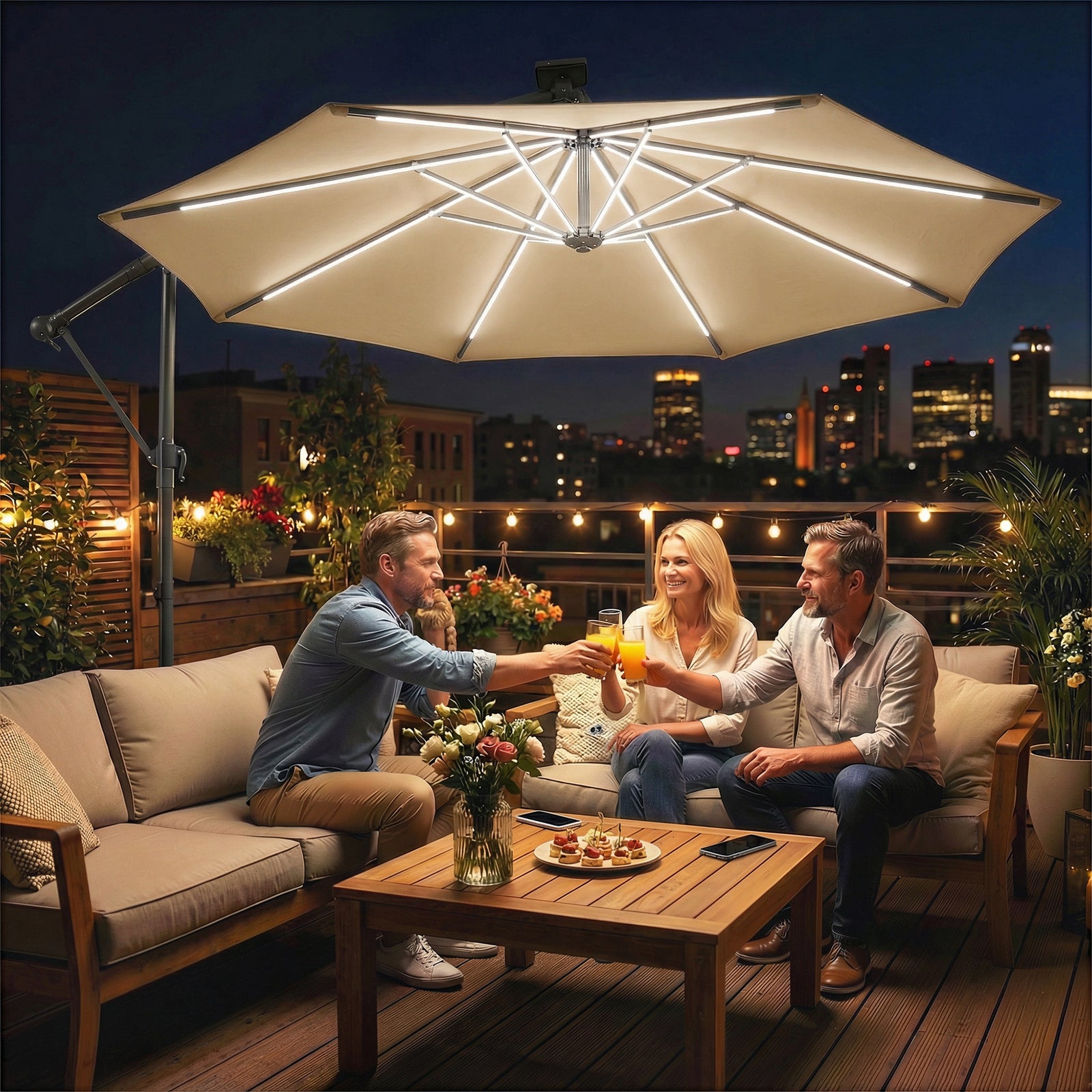 3 M Garden Cantilever Parasol With Solar Light, Rotation | Khaki