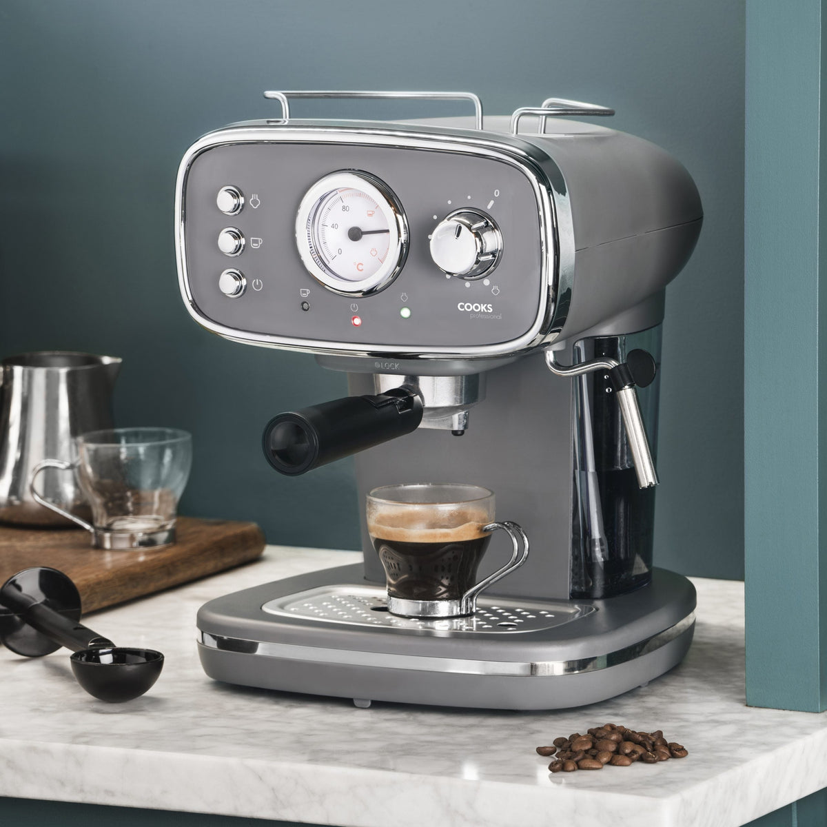 15-bar Retro Espresso Coffee Machine With Steam Wand | Grey & Silver