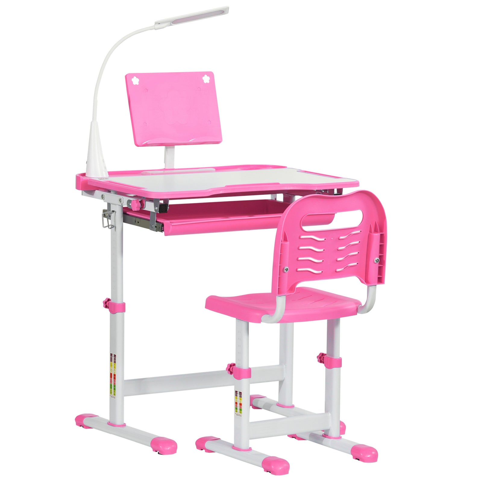Kids Study Desk And Chair Set W/ Usb Lamp, Adjustable Height | Pink