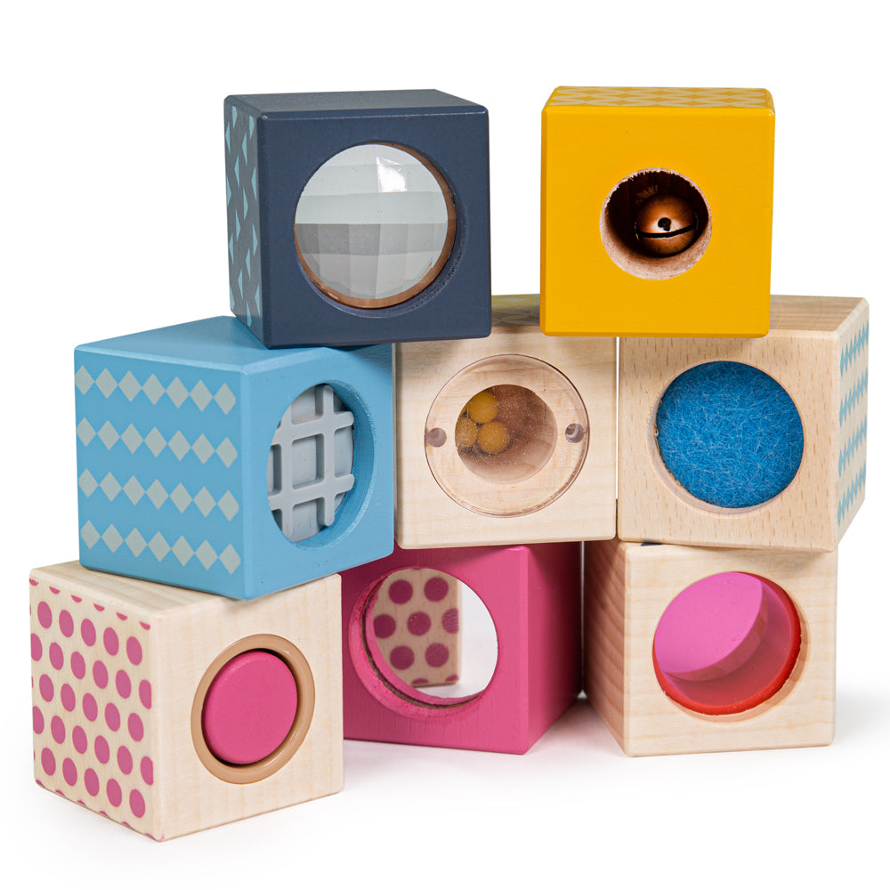 Bigjigs Toys 8 Wooden Sensory Blocks, Each With A Different Experence