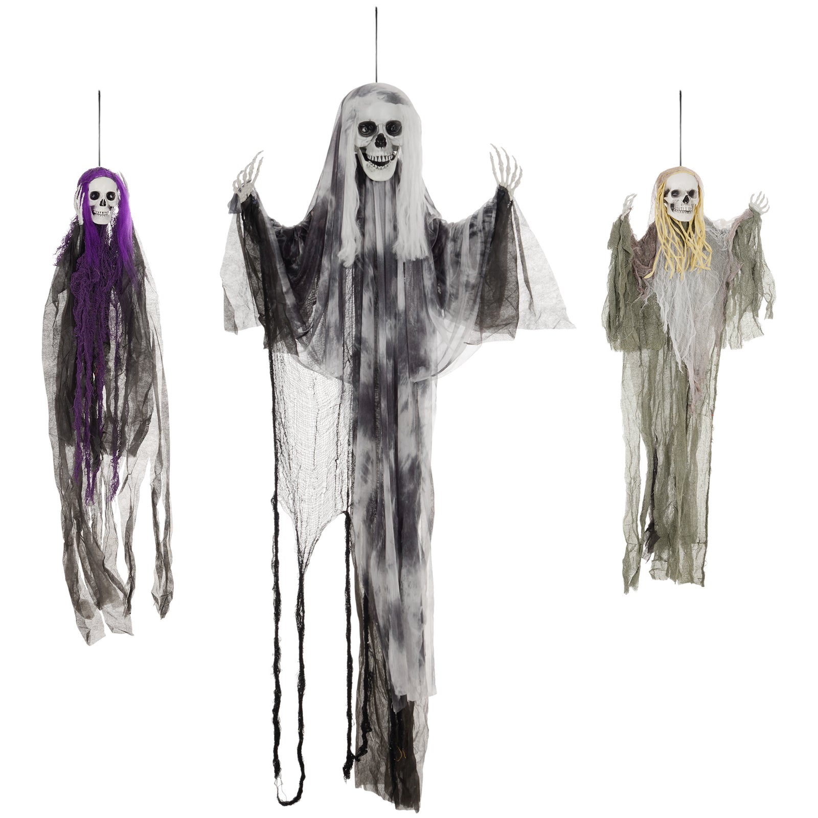 Set Of 3 Hanging Skeleton, Flying Ghost Halloween Decorations