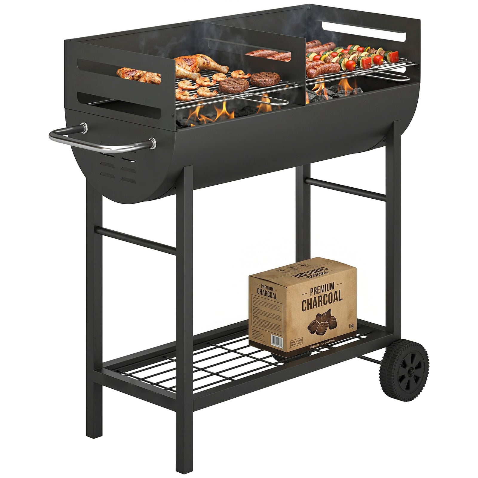 Outsunny Charcoal Barbecue Grill With 2 Cooking Areas, Wheels