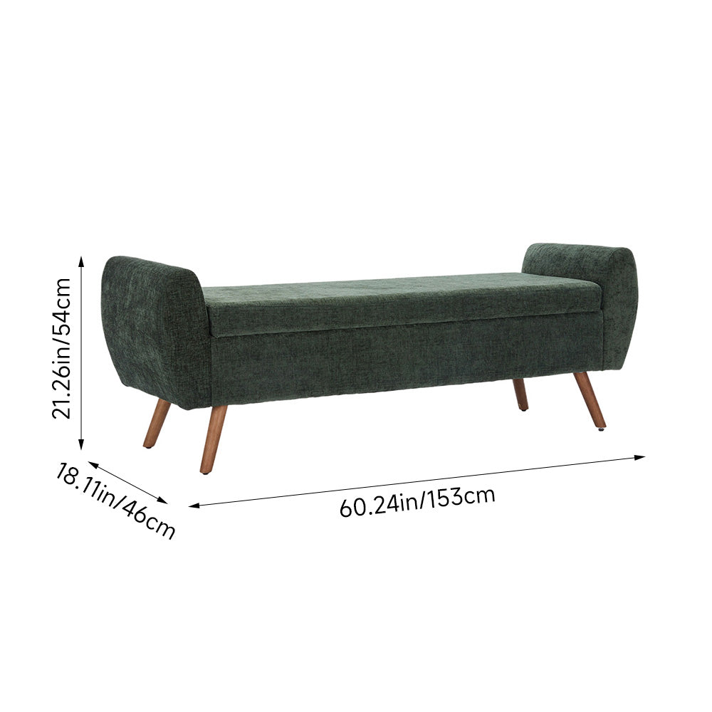 Chenille Upholstered Storage Bench – Extra Long Entryway Bench With Hidden Compartment, 153 X 46 X 54 Cm | Green