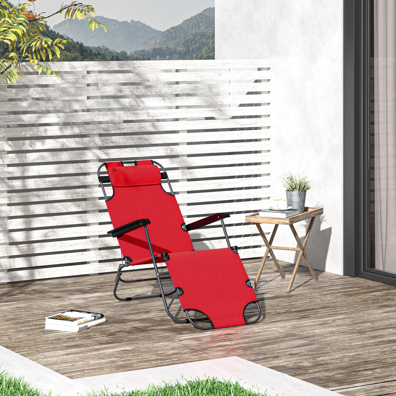 2 In 1 Outdoor Folding Sun Lounger W/adjustable Back, Pillow | Red