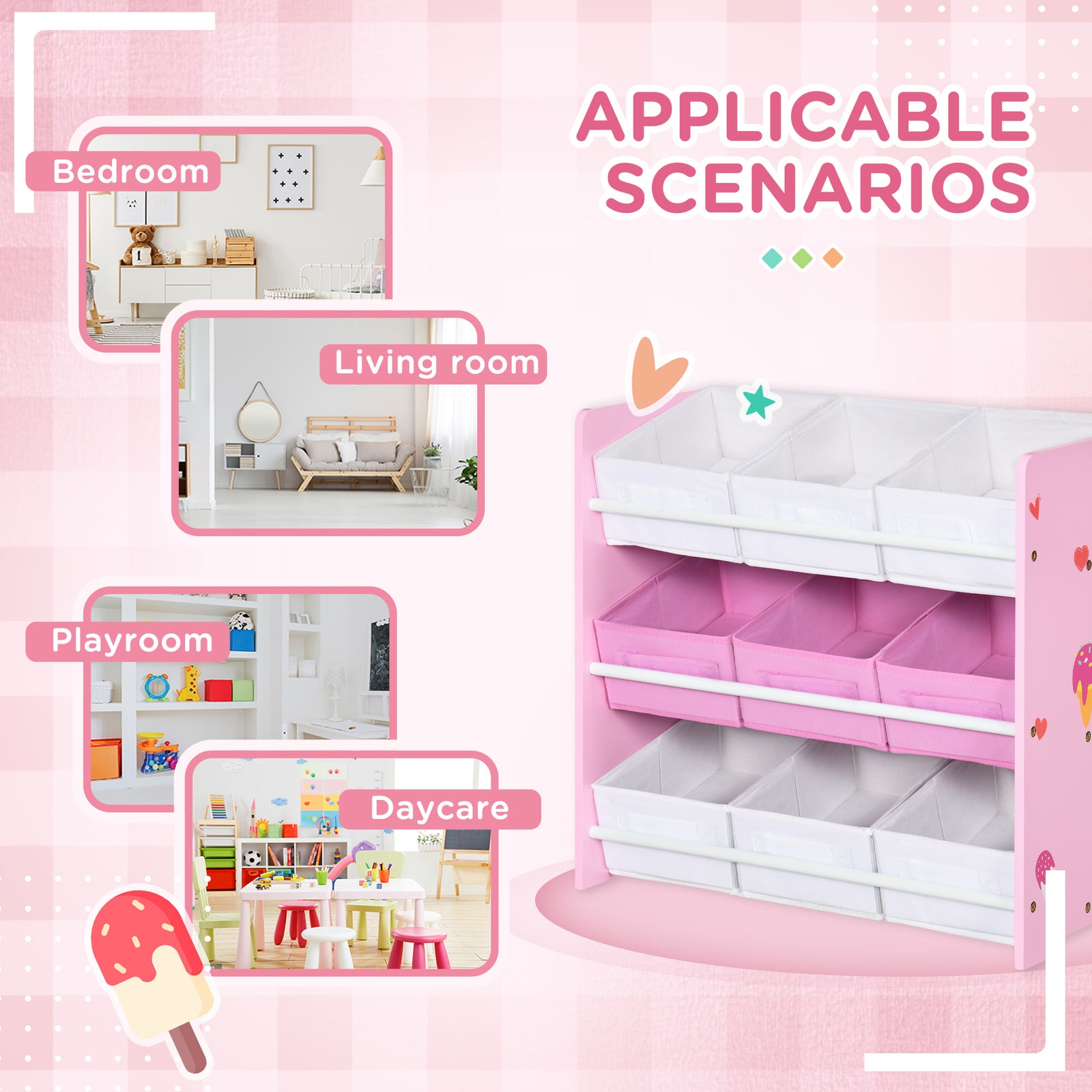 Storage Unit W/9 Removable Storage Baskets For Nursery Playroom | Pink