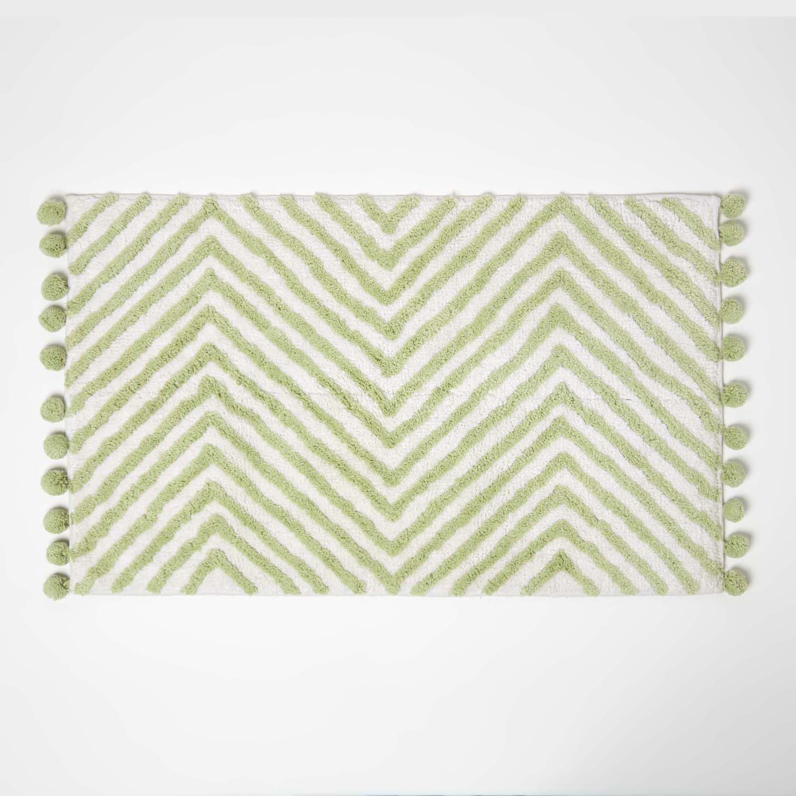 Tufted Cotton Bath Mat Zig Zag Design With Pom Poms | 50 x 80cm | Sage Green