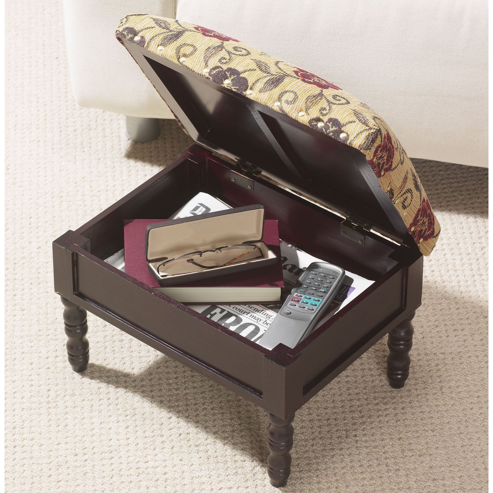 Storage Footstool Floral Fabric Lid Wooden Frame