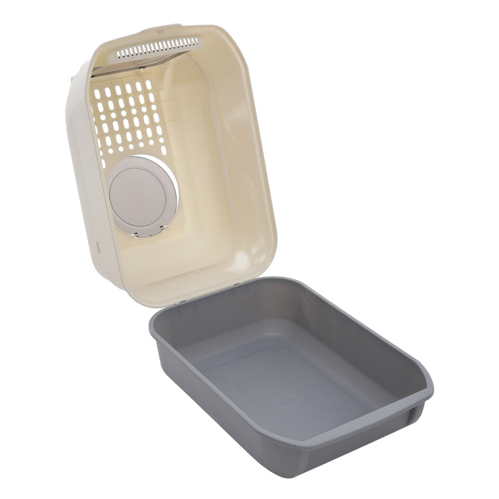 Large Hooded Top Entry Cat Litter Box With Scoop | Grey