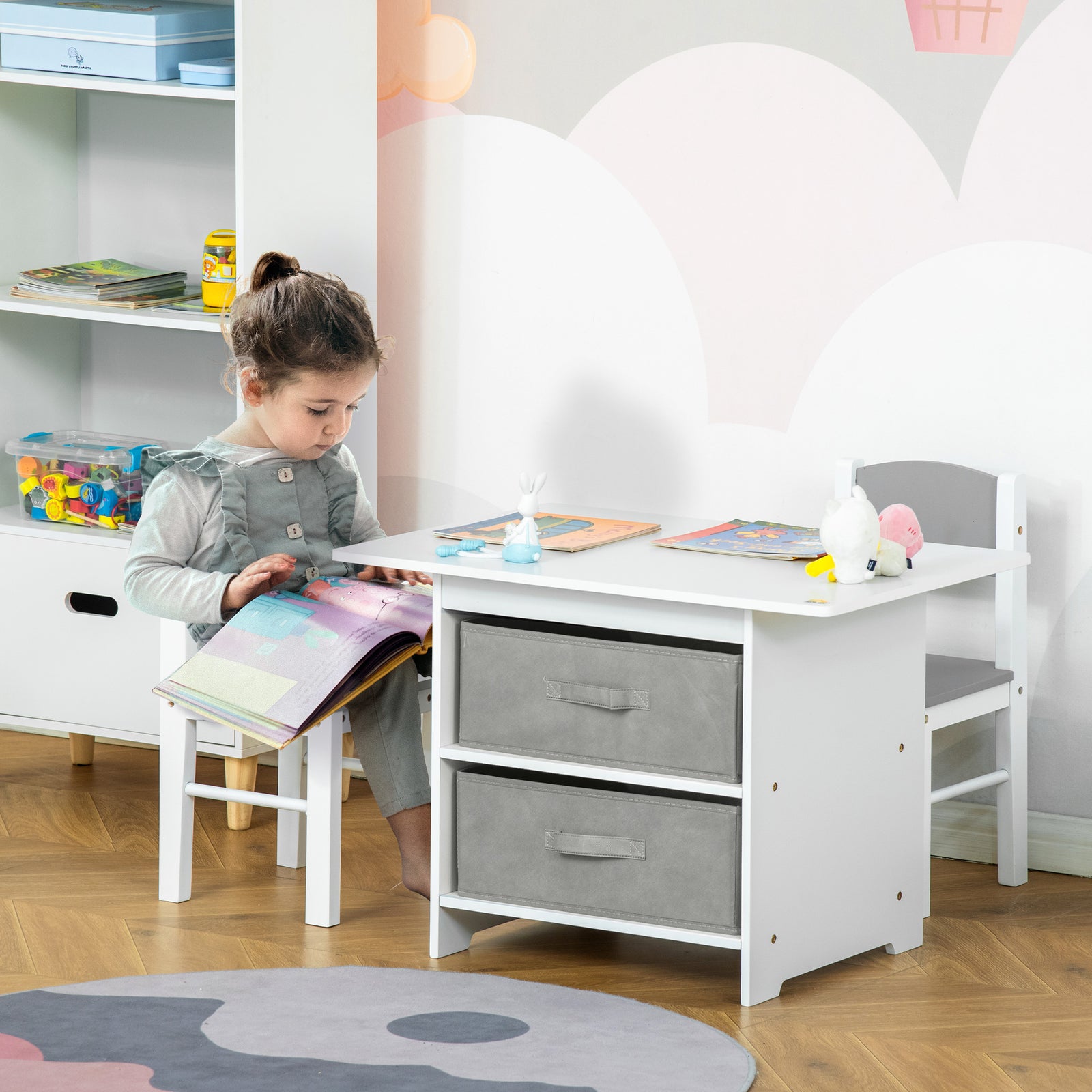 3 Pcs Kids Table & Chairs Set Toddler Furniture W/ Storage Drawers White