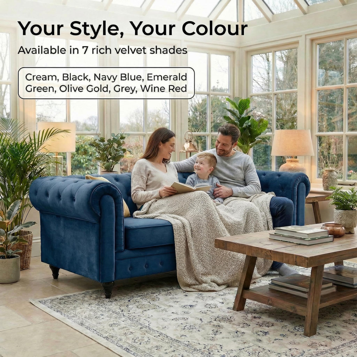 Chesterfield Scroll Arm Velvet Sofa 3 Seater | Navy Blue