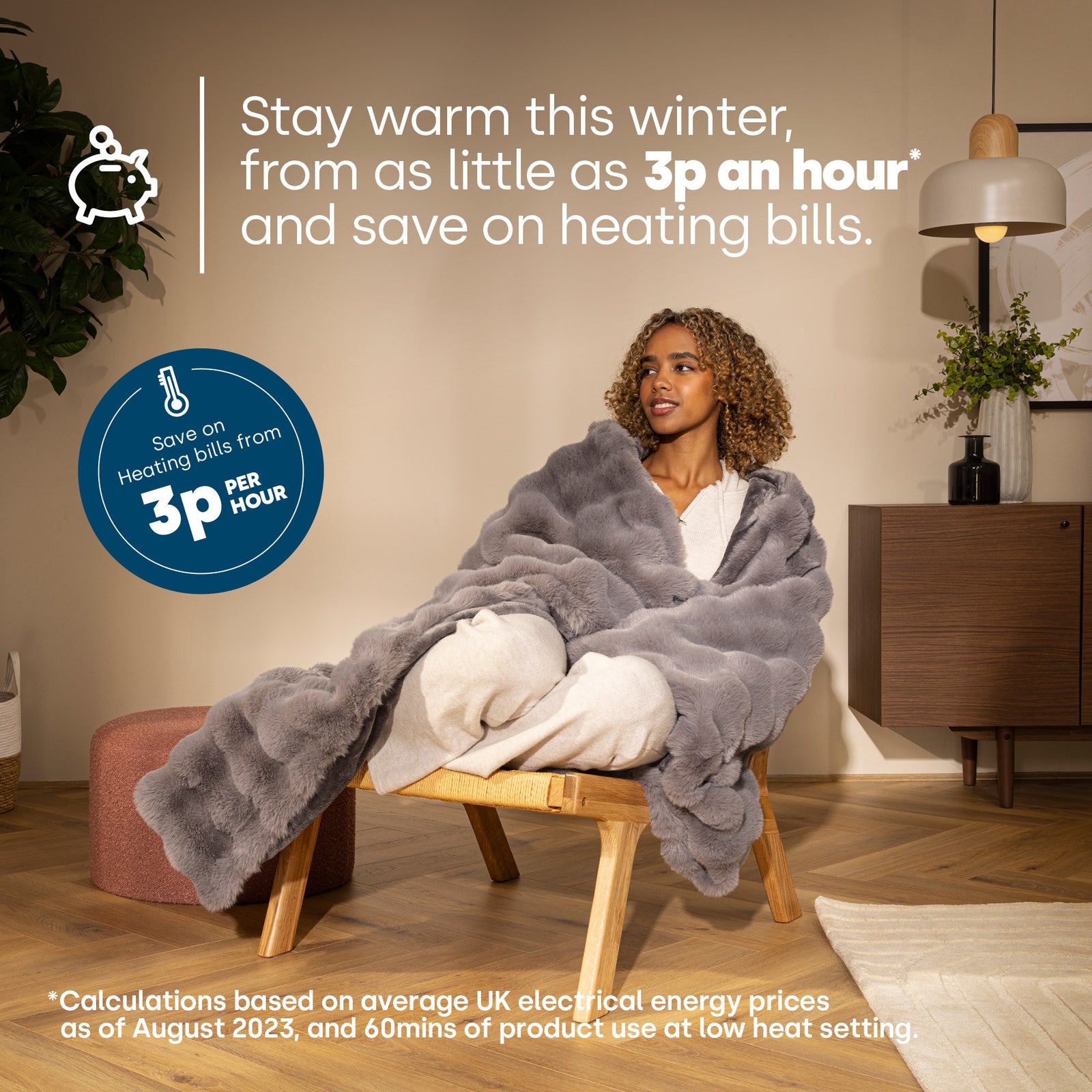 Grey Faux Rabbit Fur Heated Throw With 10 Heat Settings And Timer