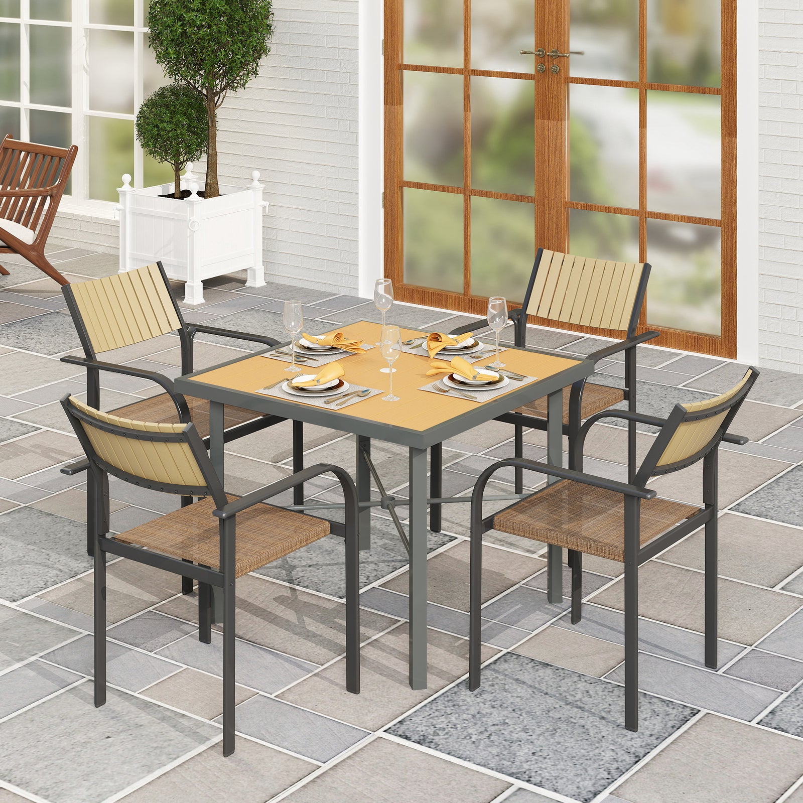 90cm Square Garden Table, Wood Effect, Metal Frame