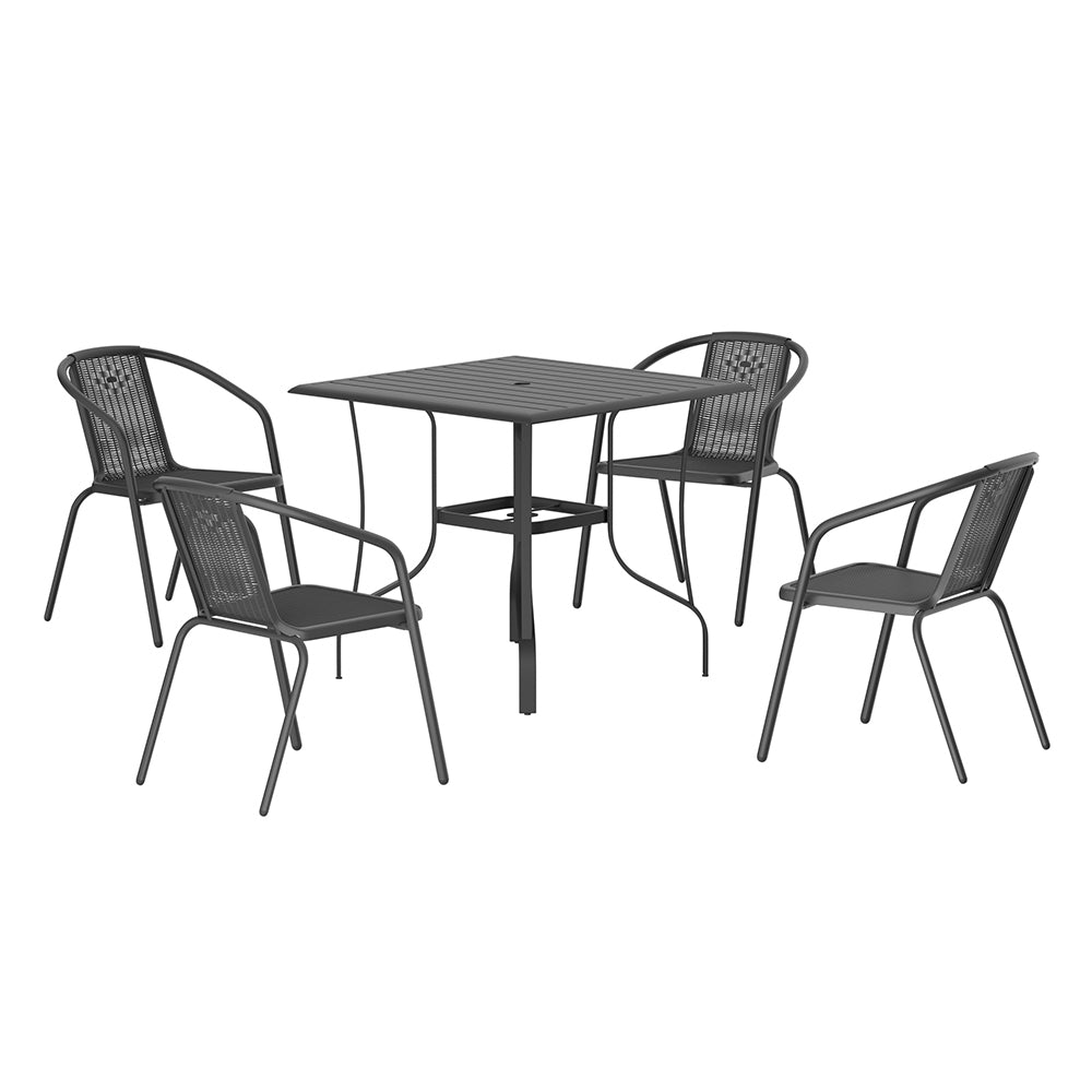 5 Pcs Garden Dining Set Metal Slatted Coffee Table With Rattan Chairs | Small | Black